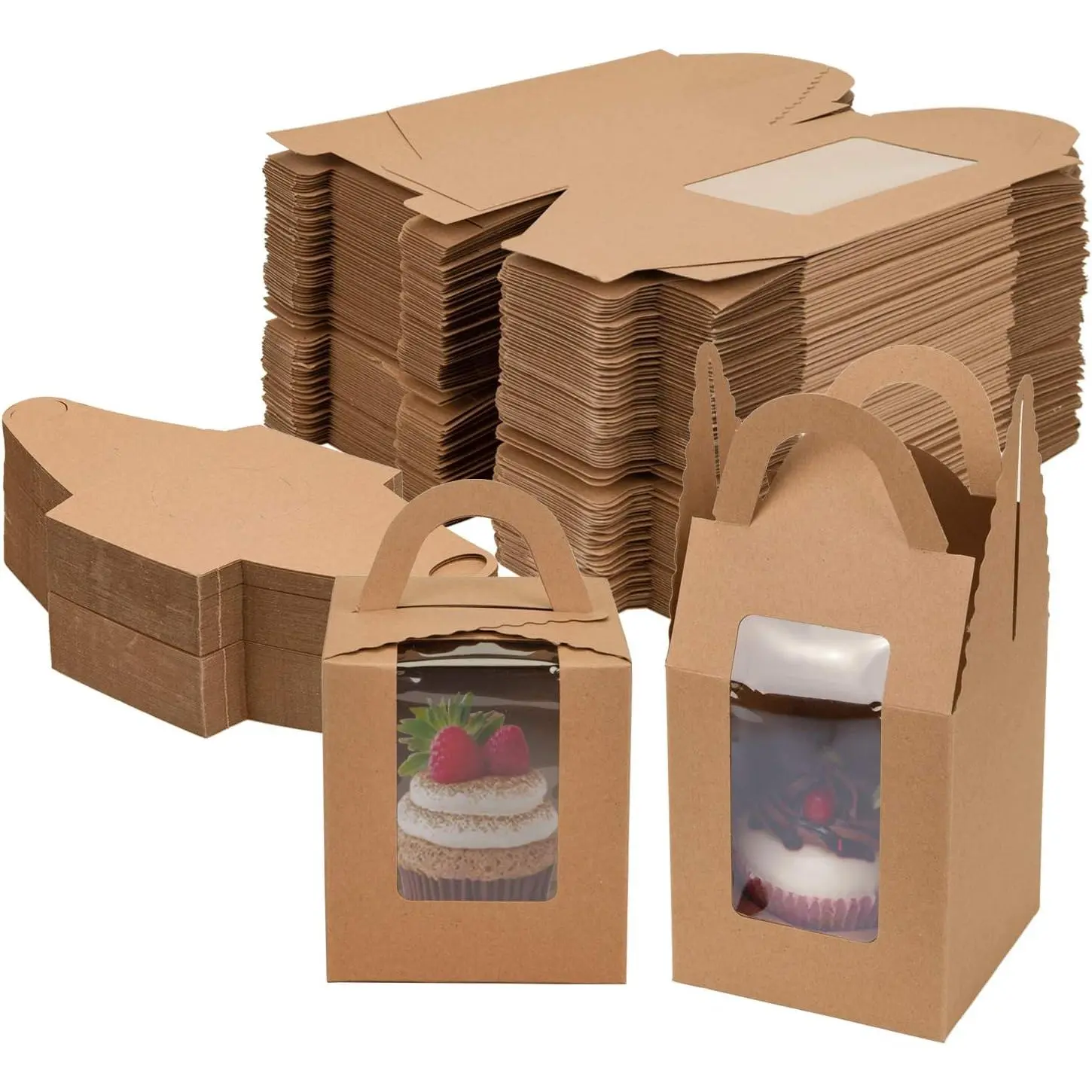 100 Pack Cupcake Box,  Paper Individual Cupcake Container with Window and Handles, Bulk Single Cupcake Packaging Box for Muffin, Cocoa Bomb, Party Favor Pastry  Boxes
