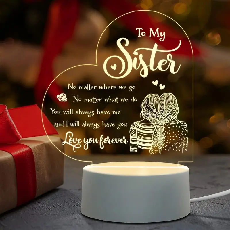 Sister Heart-Shaped Acrylic Camping Night Light, USB-Powered with Heartwarming Messages, Camping Bedroom Desk Decor, Birthday Holiday Gift for Campers