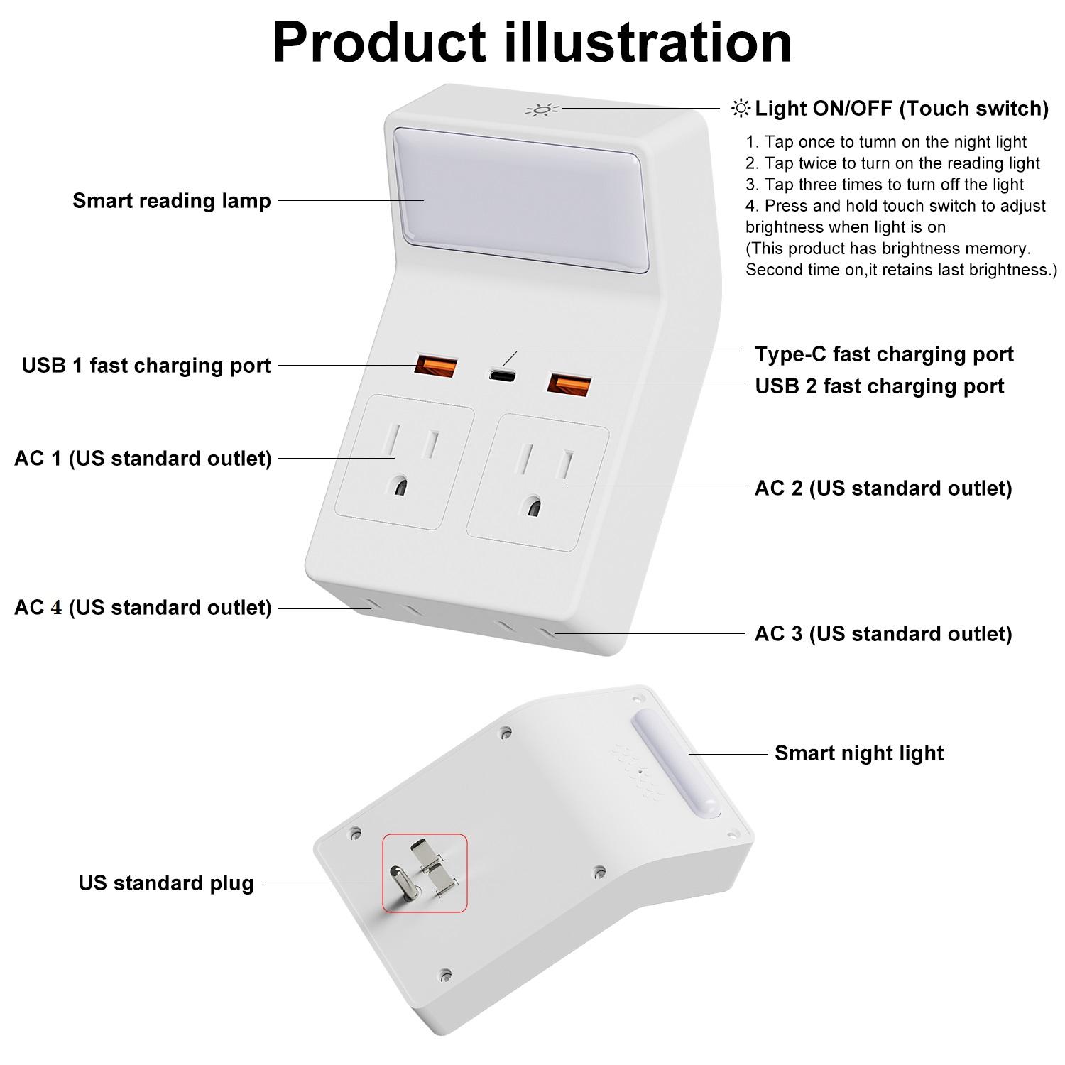 Wall outlet with night light, multi-functional socket converter with protection and extension, featuring 4 AC power sockets, 2 USB ports, and 1 Type-C port, suitable for home, office, and travel use plug