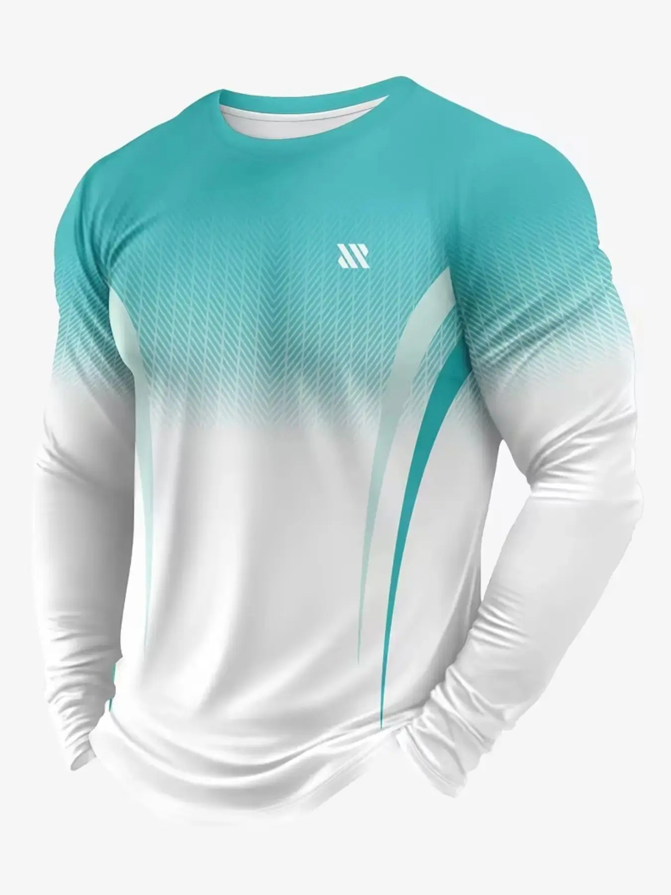 Men's Gradient Herringbone Print Round Neck Long Sleeve Sport Top, Dual Color Breathable Quick-Dry Fitness Tee, Running Cycling Shirt Gym Outdoor Training, Dry Fit Shirts