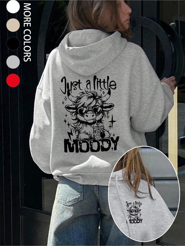 Women's Cartoon Highland Cow Print Hoodie, Casual Thermal Lined Long Sleeve Hooded Sweatshirt for Fall & Winter, Women's Clothes for Daily Wear