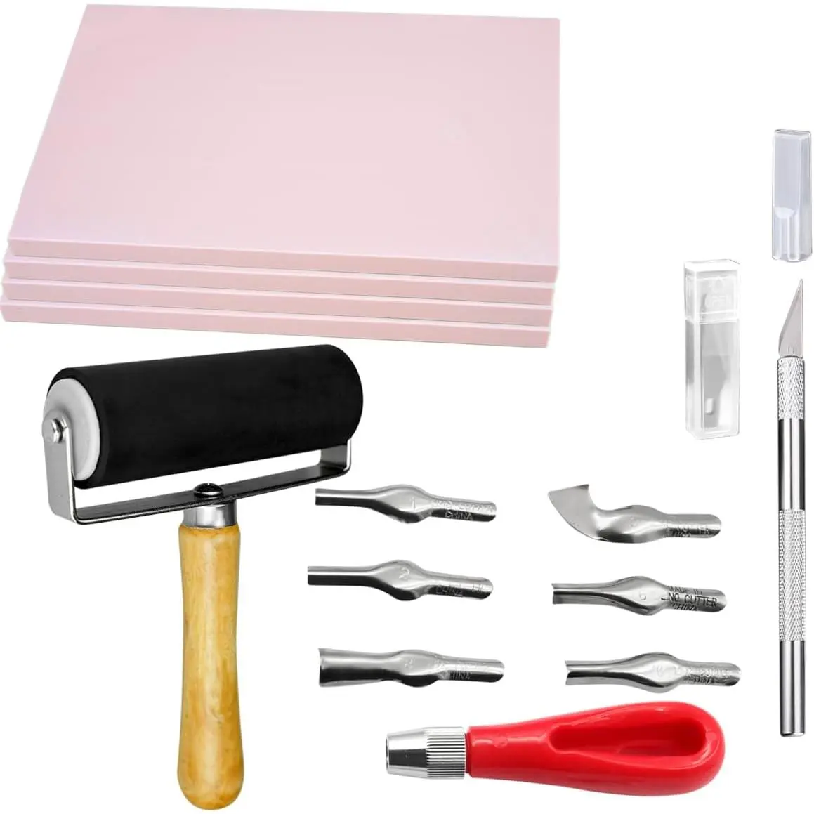4 Pcs 4x6 Inch Rectangular Rubber Carving Linoleum Blocks Kit with Tools, Soft Stamp Carving for Printmaking, Printing and Other Crafts