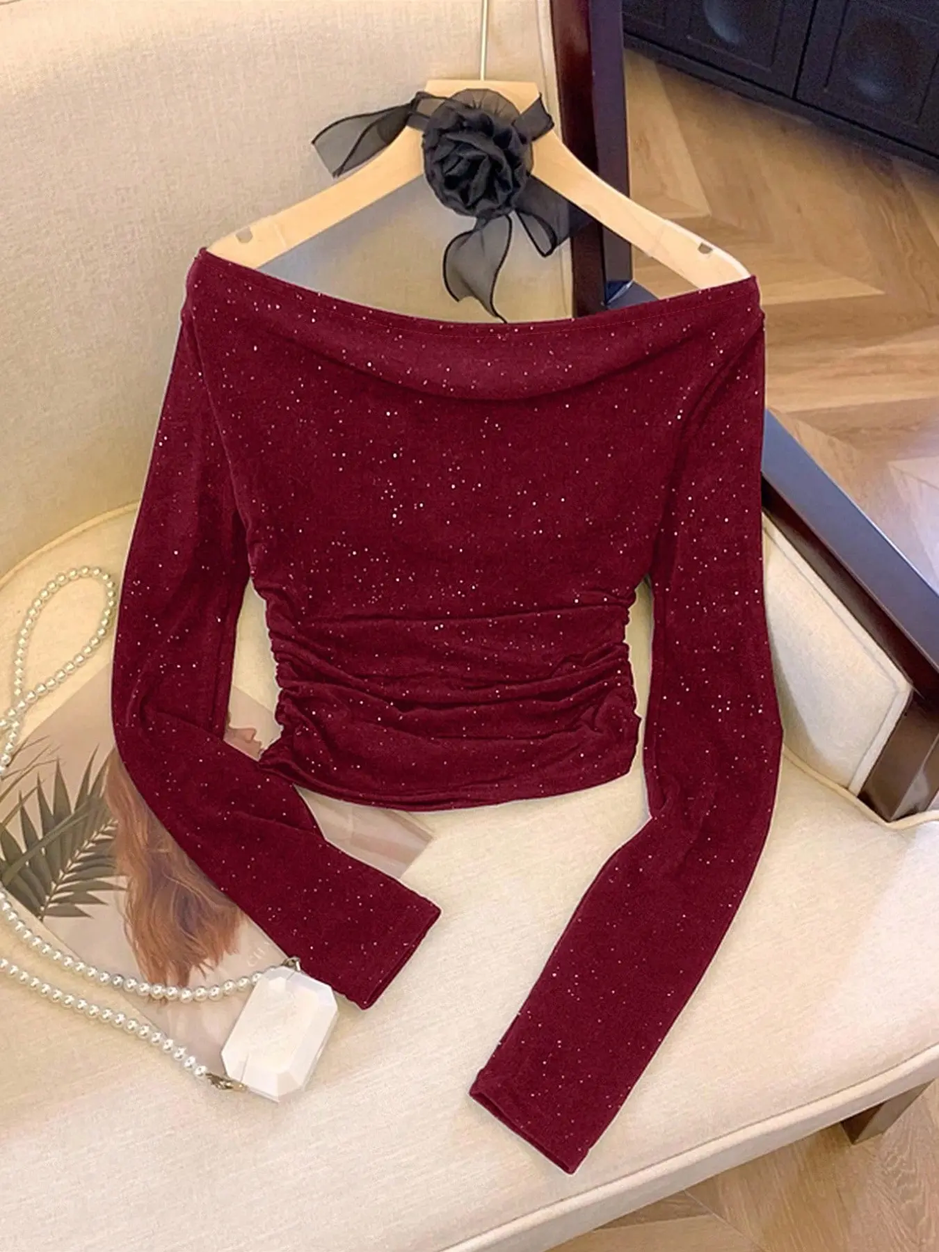 Women's Sequined Off-Shoulder Long Sleeve Top, Elegant Chic Slim Fit Shirt for Office & Streetwear, Perfect for Parties & Dates