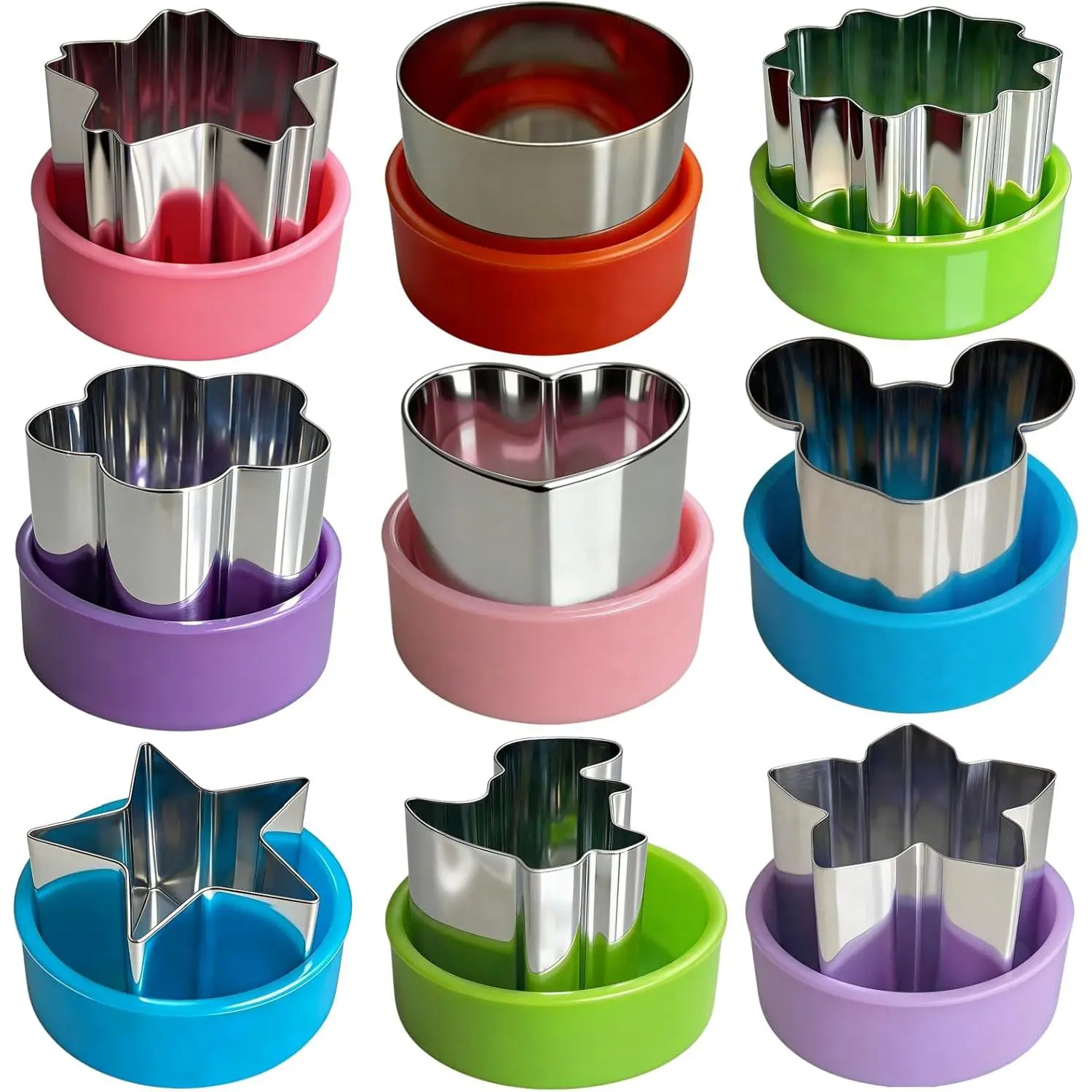 Sturdy 9-Piece 1.5-inch Detachable Mini Cookie Cutters Set with Detachable Covers - Stainless Steel Kitchen Utensils Bakeware for Kids, Pet Food Prep (Dinosaur, Heart, Star, Circle, Flower Shapes)