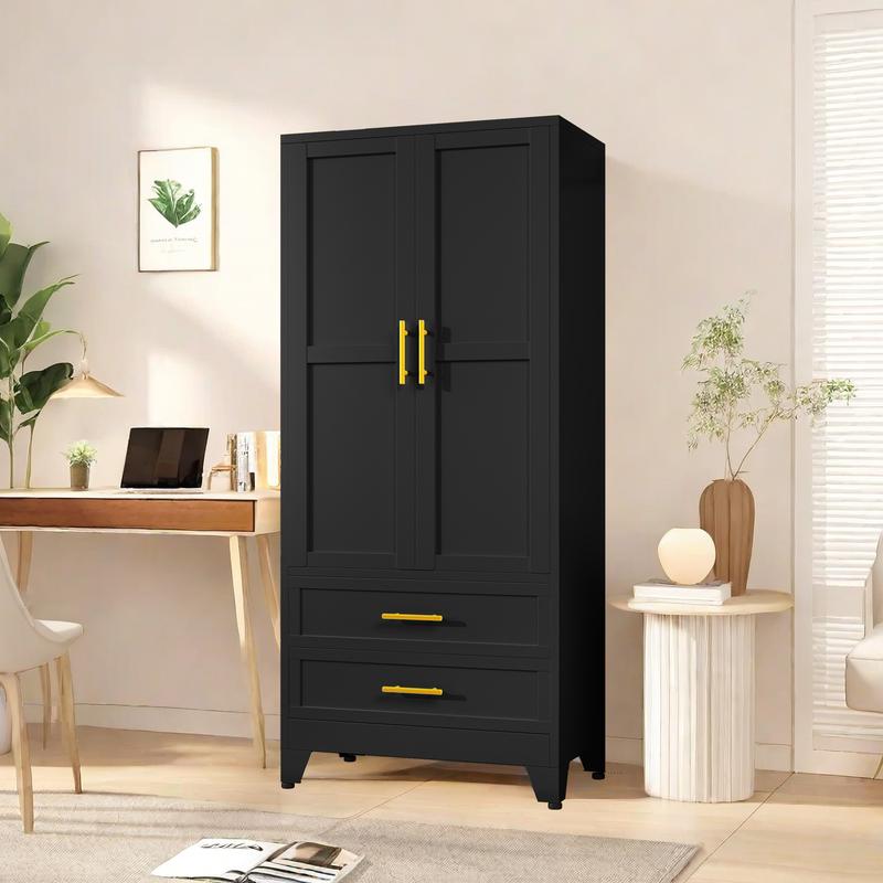 Metal Wardrobe Closet with 2 Doors & 2 Drawers, 71"" Tall Armoire Wardrobe Closet with Hanging Rods and Adjustable Shelf, Steel Wardrobe Storage Cabinet for Bedroom, Large mothersdaygift