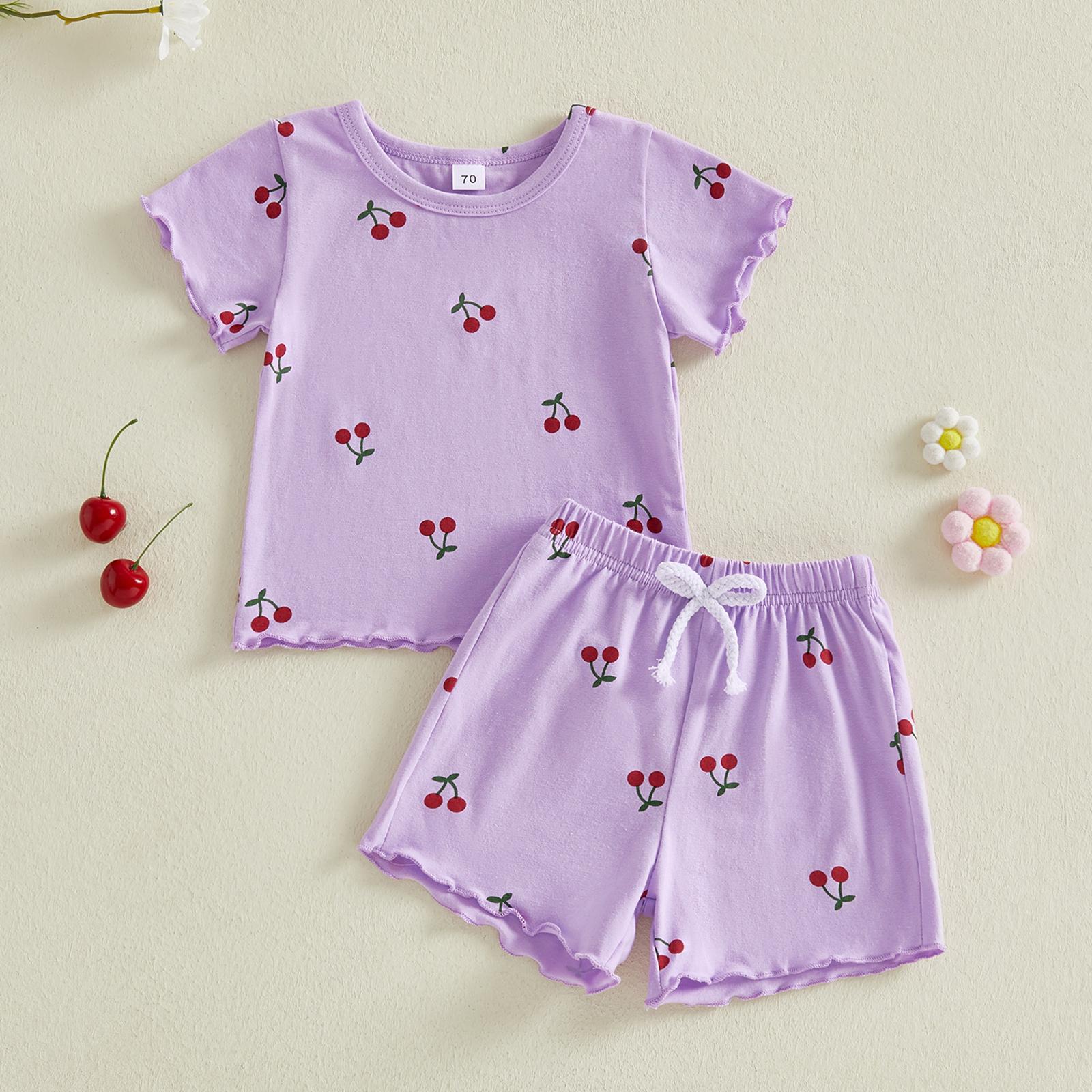 Toddler Baby Girl Summer Outfits Short Sleeve Cherry Print Tops + Shorts 2Pcs Clothes Set Little Girls Summer Clothes