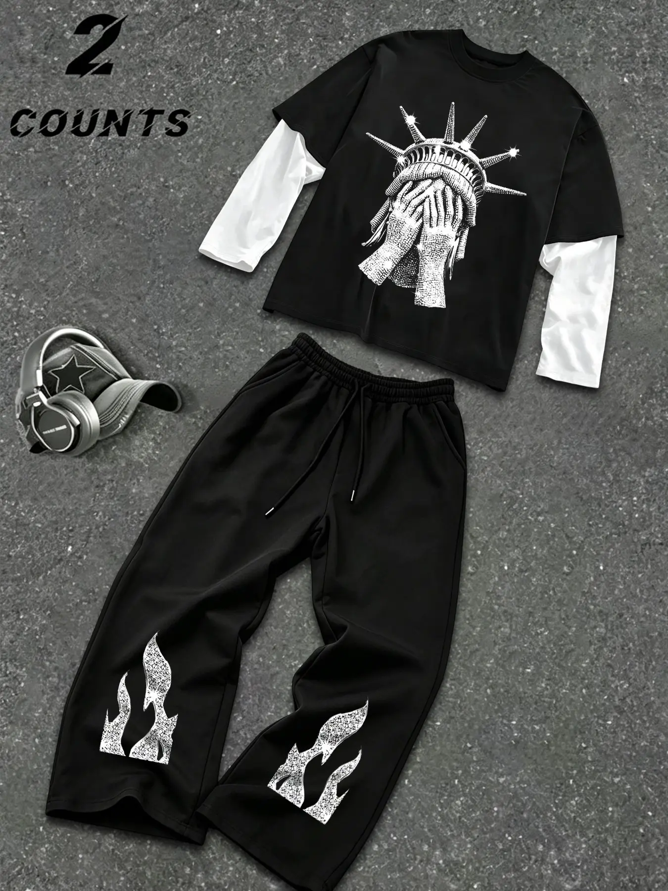 Men's Two-Piece Statue of Liberty Print Long Sleeve + Rhinestone Flame Wide Leg Sweatpants Set, Streetwear Style, Loose Fit, Y2K Fashion
