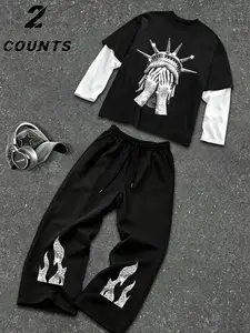 Men's Two-Piece Statue of Liberty Print Long Sleeve + Rhinestone Flame Wide Leg Sweatpants Set, Streetwear Style, Loose Fit, Y2K Fashion