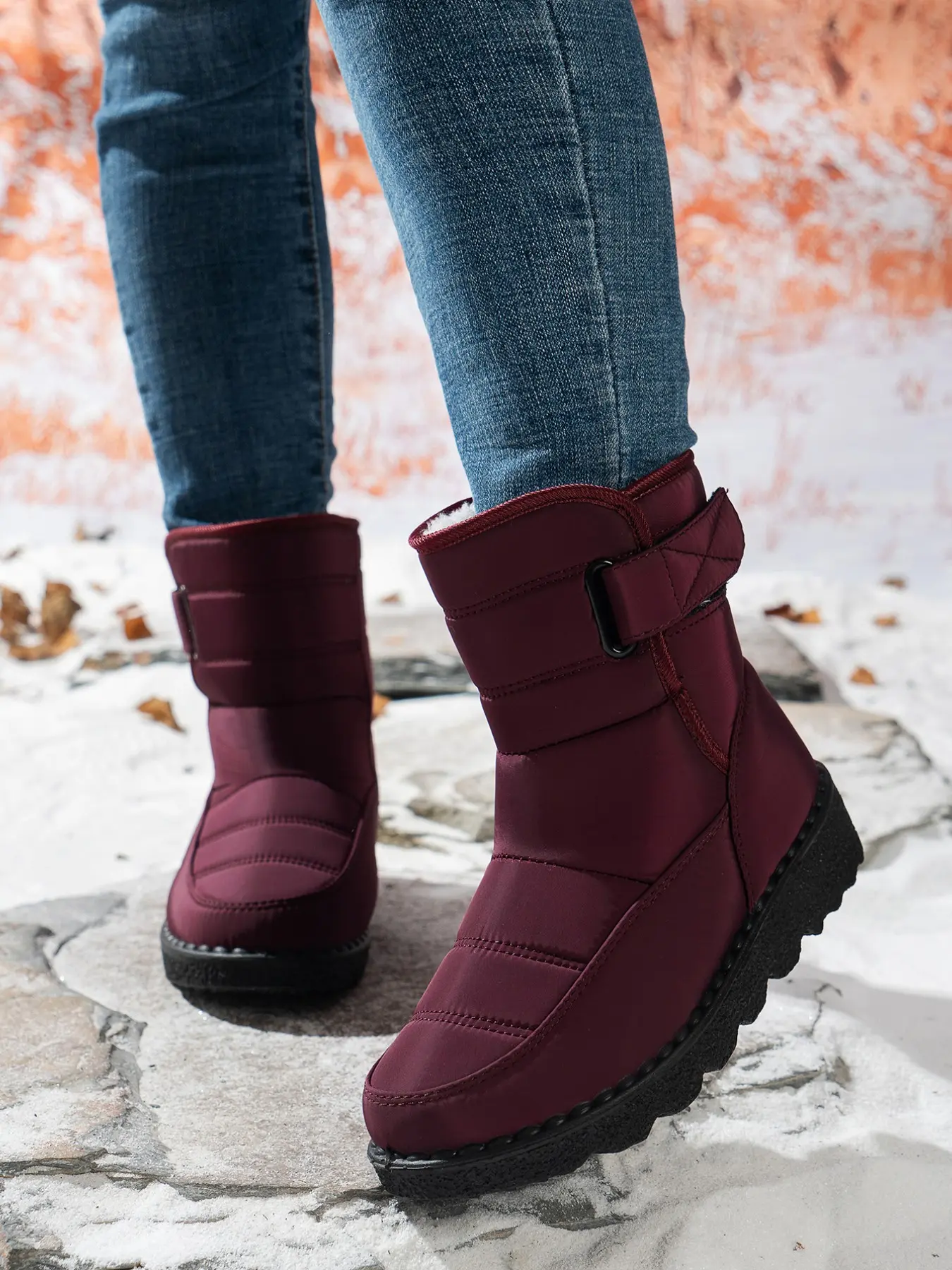Women's Waterproof Down Jacket Magic Tape Snow Boots, Thick Plush Lining, Wave Anti-Slip Sole, Warm Winter Shoes for Outdoor Use