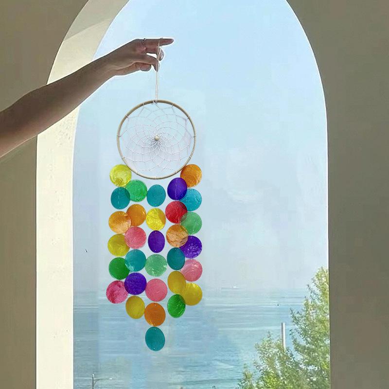 Bohemian Dreamcatcher Wind Chime, Handmade Natural Shell Light and Shadow Hanging Decoration, Rainbow / White / Blue Version for Home Wall / Window / Balcony Decoration