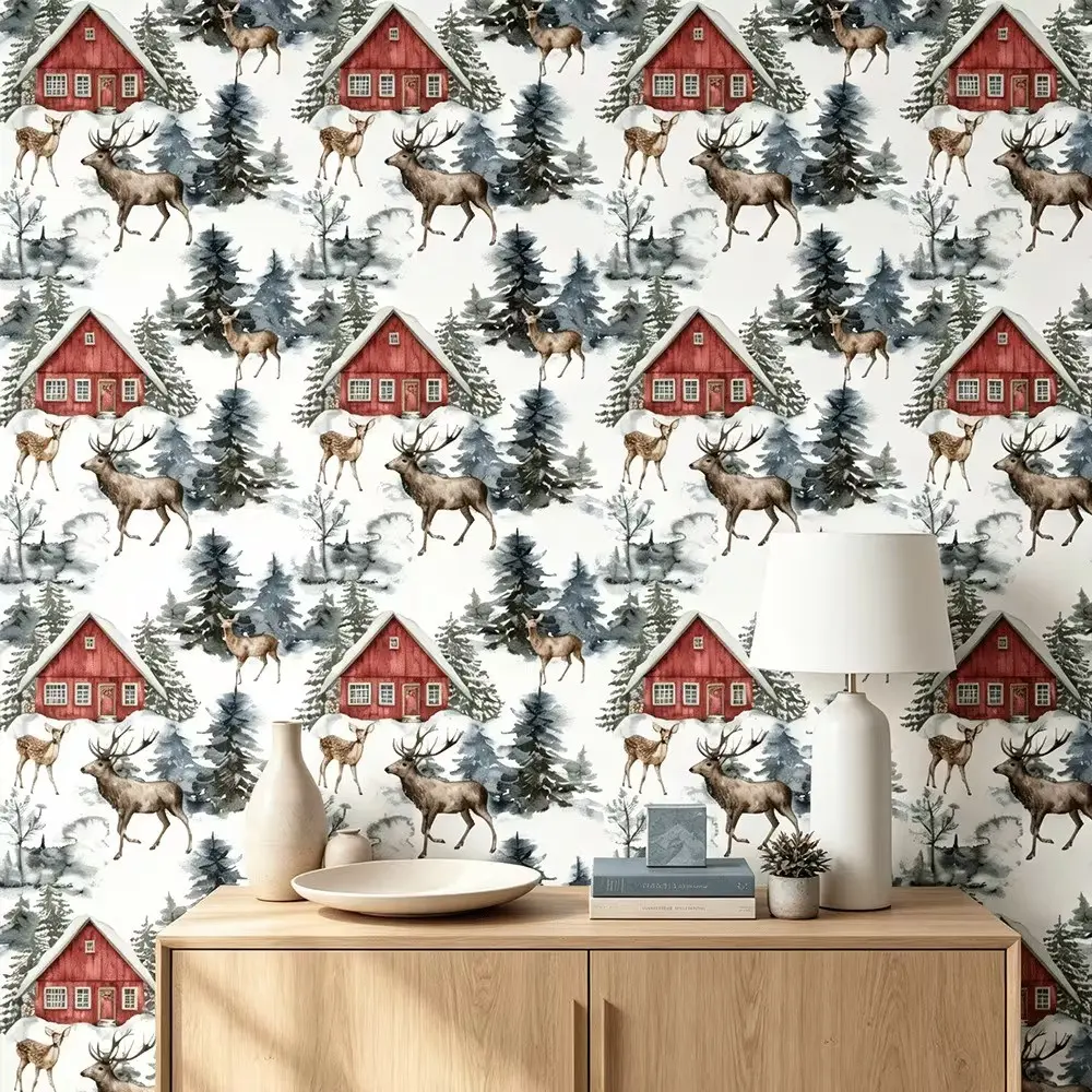 Watercolor Winter Reindeer Redwood House Wallpaper, Removable Mould-Proof, for Living Room, Kitchen, Bedroom, Stain Resistant