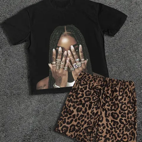Two-Piece Set Men's Letter Print Short Sleeve Round Neck Knit Tee & Leopard Print Shorts, Loose Crew Neck T-shirt & Shorts, Casual Summer Clothes Set Outfit for Men, Casual Style Set, Graphic Tee Set, Menswear, Casual Clothing Set
