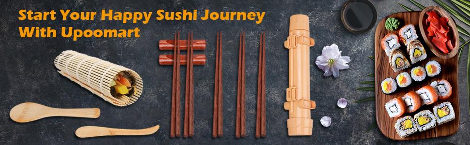 Sushi Making Kit,1 Bamboo Sushi Mat,1 Rice Bazooka, 5 Pairs of Chopsticks, 2 chopsticks holder,1 Paddle, 1 Spreader, ideal gift for Sushi making Beginner