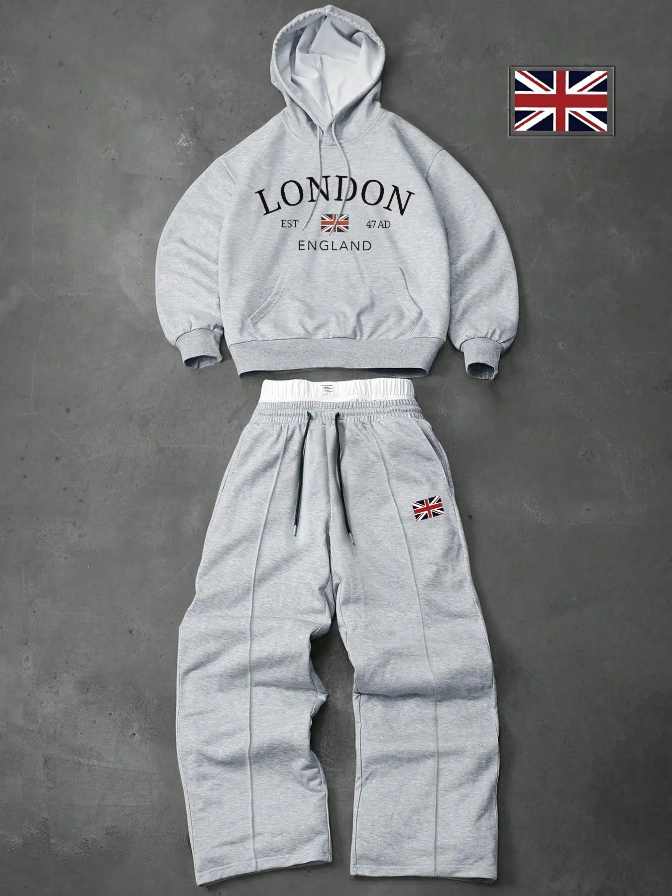 Men's two-piece tracksuit: London England print hooded sweatshirt and wide-leg sweatpants set, casual street style outfit.