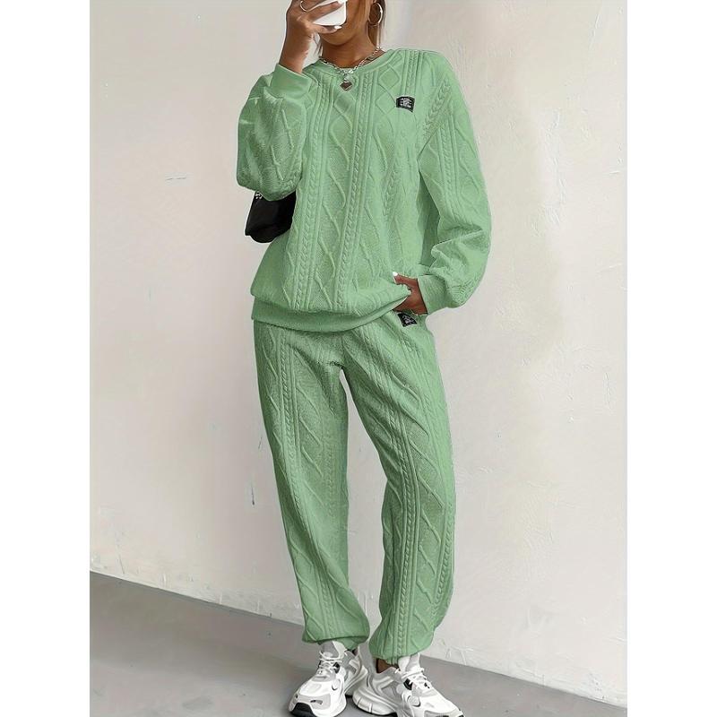 2025Women's Cozy Textured Pants Set - Soft Long Sleeve Crew Neck Sweatshirt, Comfortable Jogger Sweatpants Outfit, Casual Wear Daily Life, Suits Chic Womenswear Clothes Polyester2025