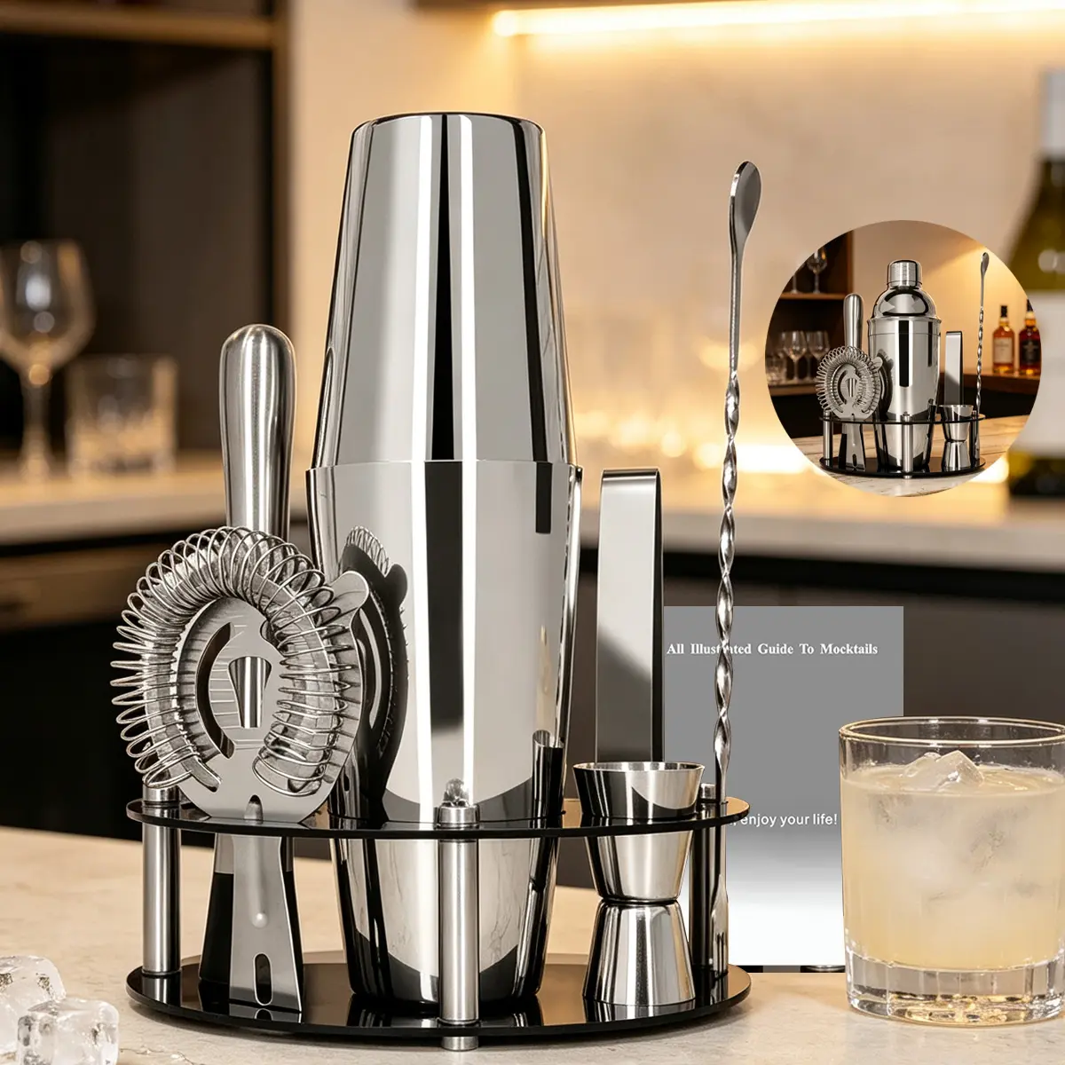 8Pcs Boston Cocktail Shaker Set 25/20oz Boston Professional Martini Bartender Kit Shakers Bar Tool with Black Recipe Book,Included: Shaker, Muddler, Bar&Spoon, Ice Tongs, Ice Strainer, 15/30ml Jigger, Black Stand, Cocktail Recipe