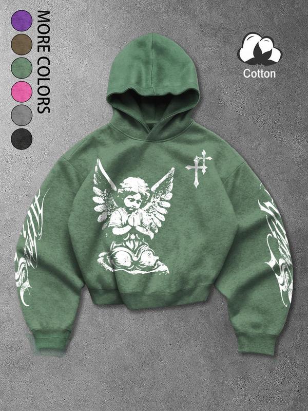 Unisex Vintage Street Style Angel Prayer Hoodie with Distressed Cross Print, Loose Gothic Sweatshirt for Trendy Couples and Fashion Enthusiasts