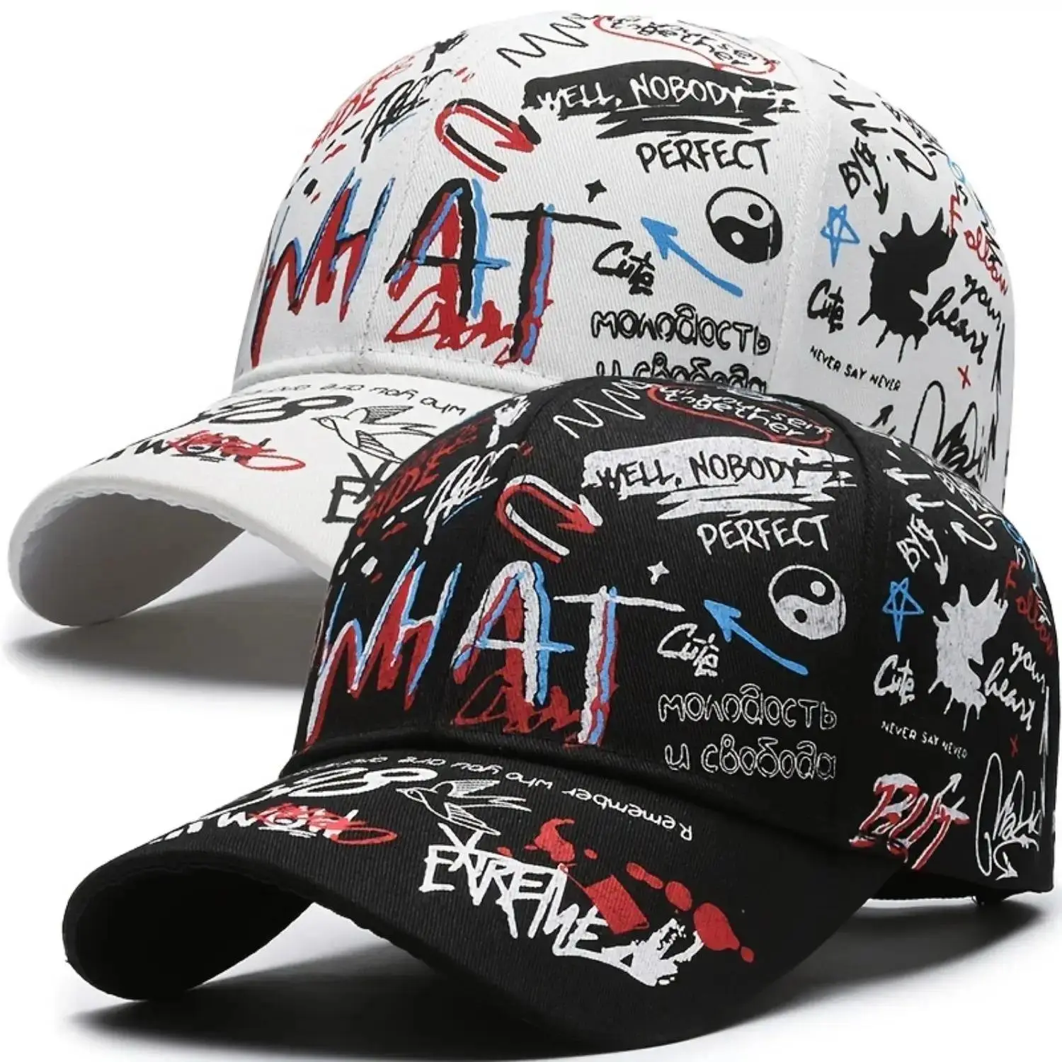 Men's 2-Pcs Graffiti Print Sun-Shading Baseball Caps - Bold Graphic, Retro Streetwear, Sun Defender, Casual Style, Curved Brim, for Outdoor Sports, Travel, Mens Hats