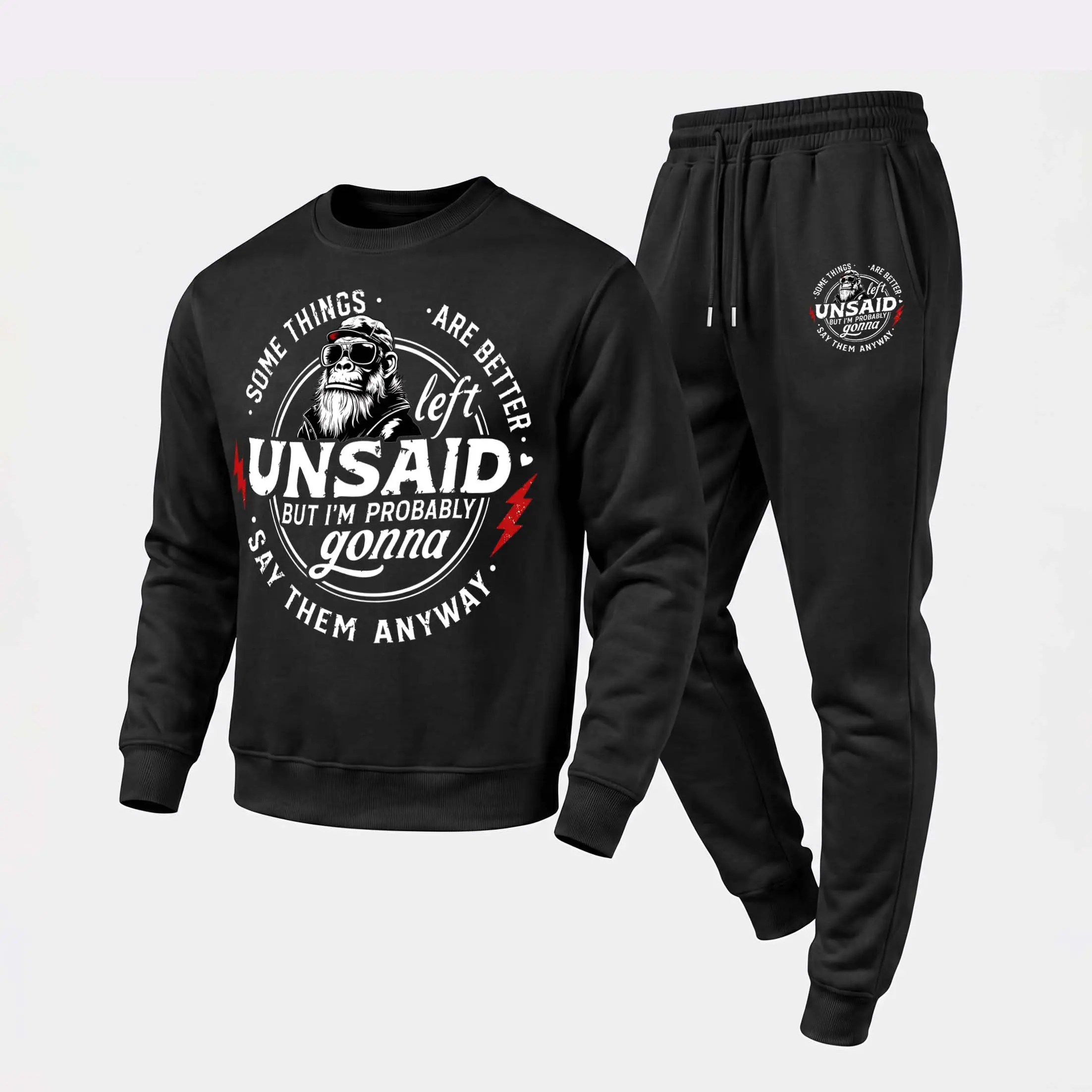 Men's “ “Bad Monkey ” Sweatshirt and Jogger Pants Set, Casual Long Sleeve Pullover with Drawstring Sweatpants, Fall Winter Tracksuit for Daily Wear, Travel, Lounge, Workout and Indoor Outdoor Activities
