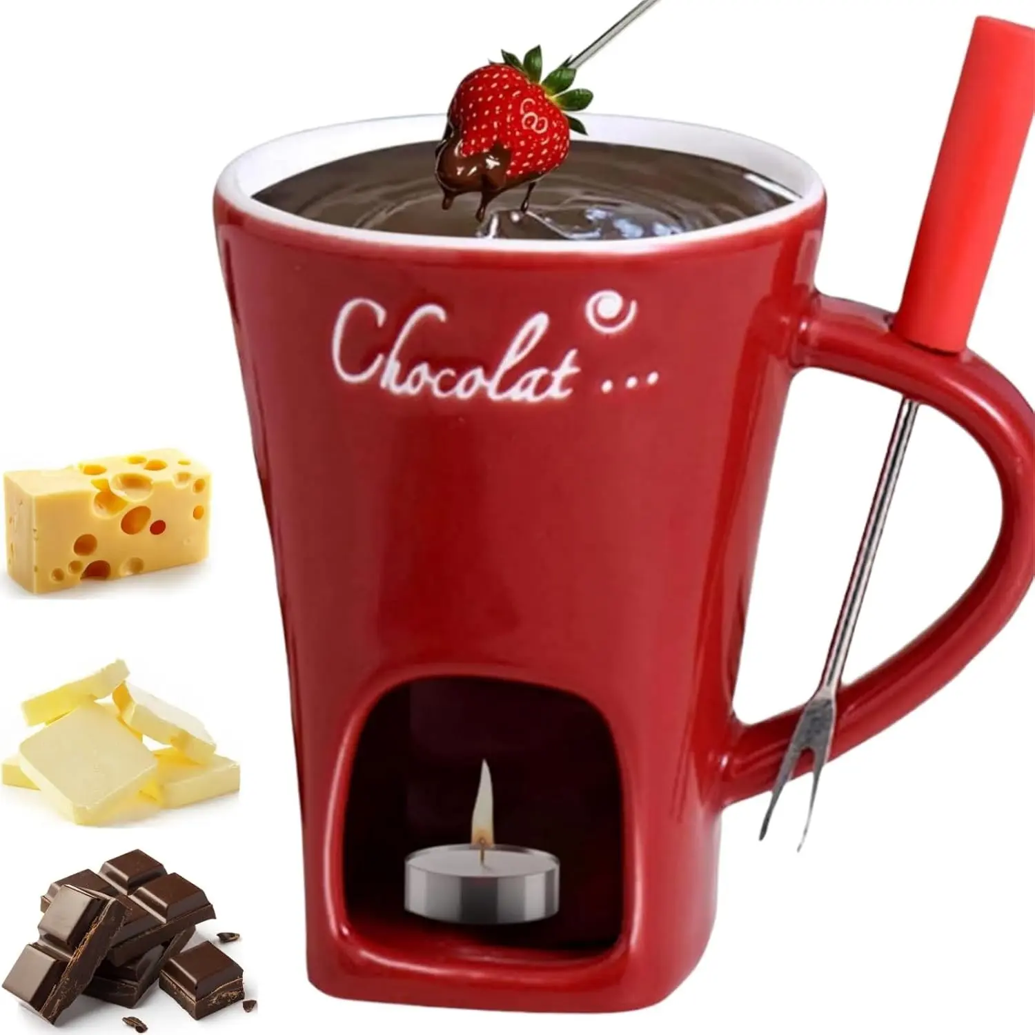 Mini Chocolate Melting Fondue Mug Set with Forks, Red - Perfect Gift for Date Night, Birthday and Wedding