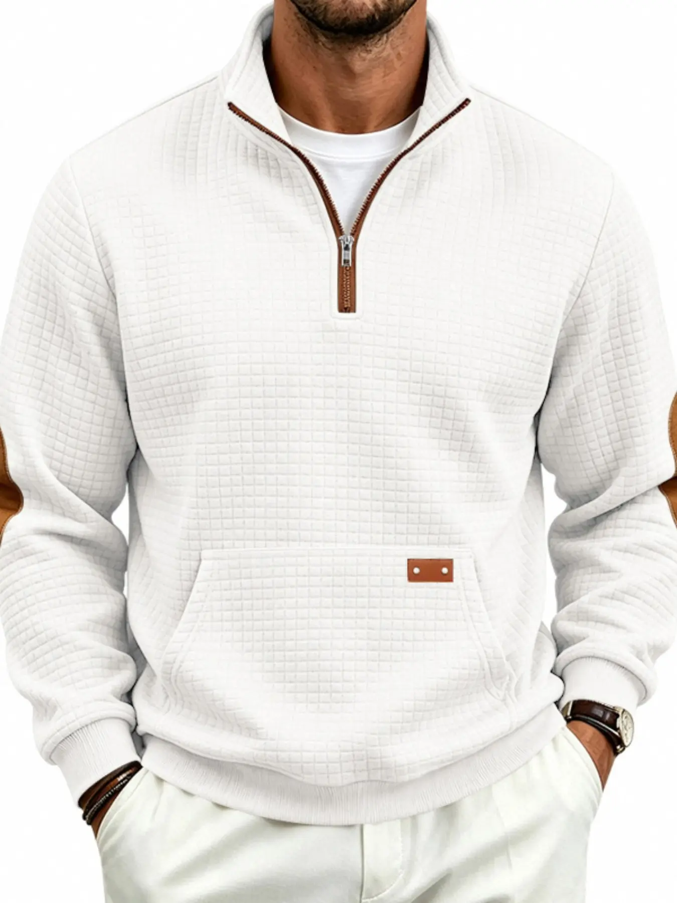 Men's Waffle Knit Quarter Zip Pullover, Casual Long Sleeve Top, Suede Elbow Patches, Pocket Detail, Soft Warm Fabric, Daily Wear, Office, Streetwear