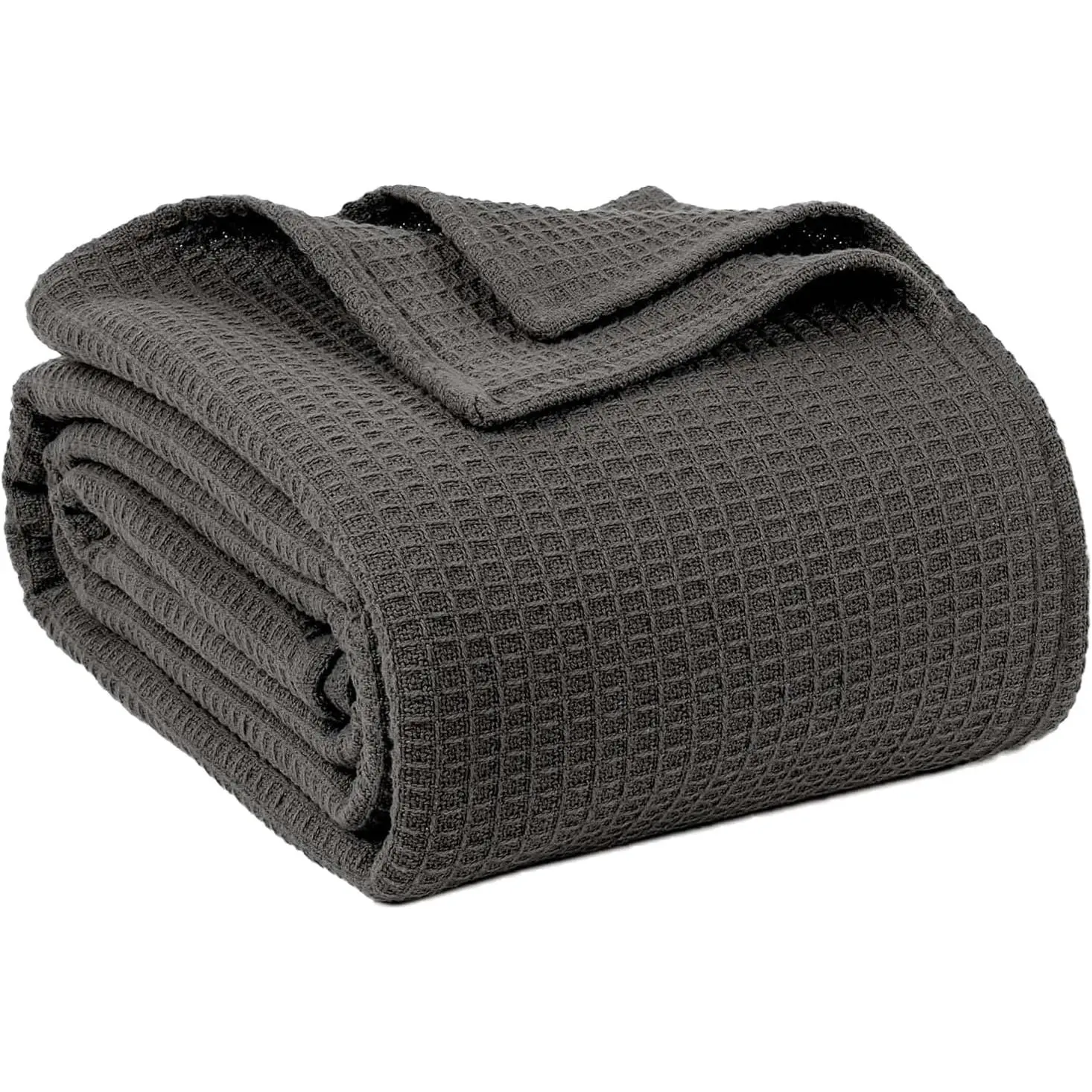 100% Cotton Blankets for Bed - Waffle Weave Blankets for Summer, Lightweight and Breathable Soft Woven Blanket for Spring (Dark Grey, Queen (90" x 90"))