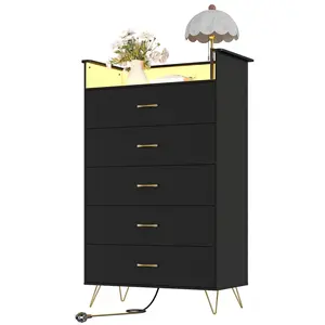 Garvee Tall 5-Drawer Dresser with RGB Lights & Charging Station, App Controlled Music Sync LED Dresser, Large Capacity Wooden Chest of Drawers for Bedroom, Closet, Living Room Organization​, Black