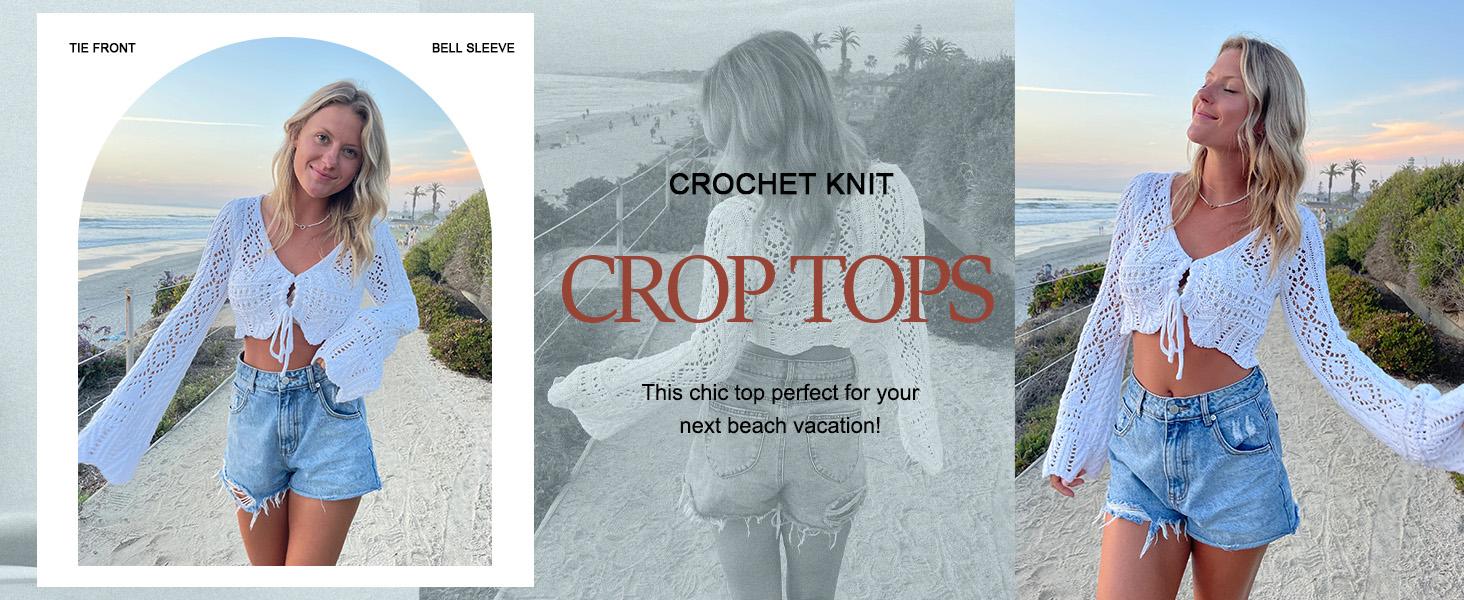 Saodimallsu Womens Crochet Crop Tops Tie Front Bell Long Sleeve Cardigan V Neck Lightweight Knit Shrug Sweaters