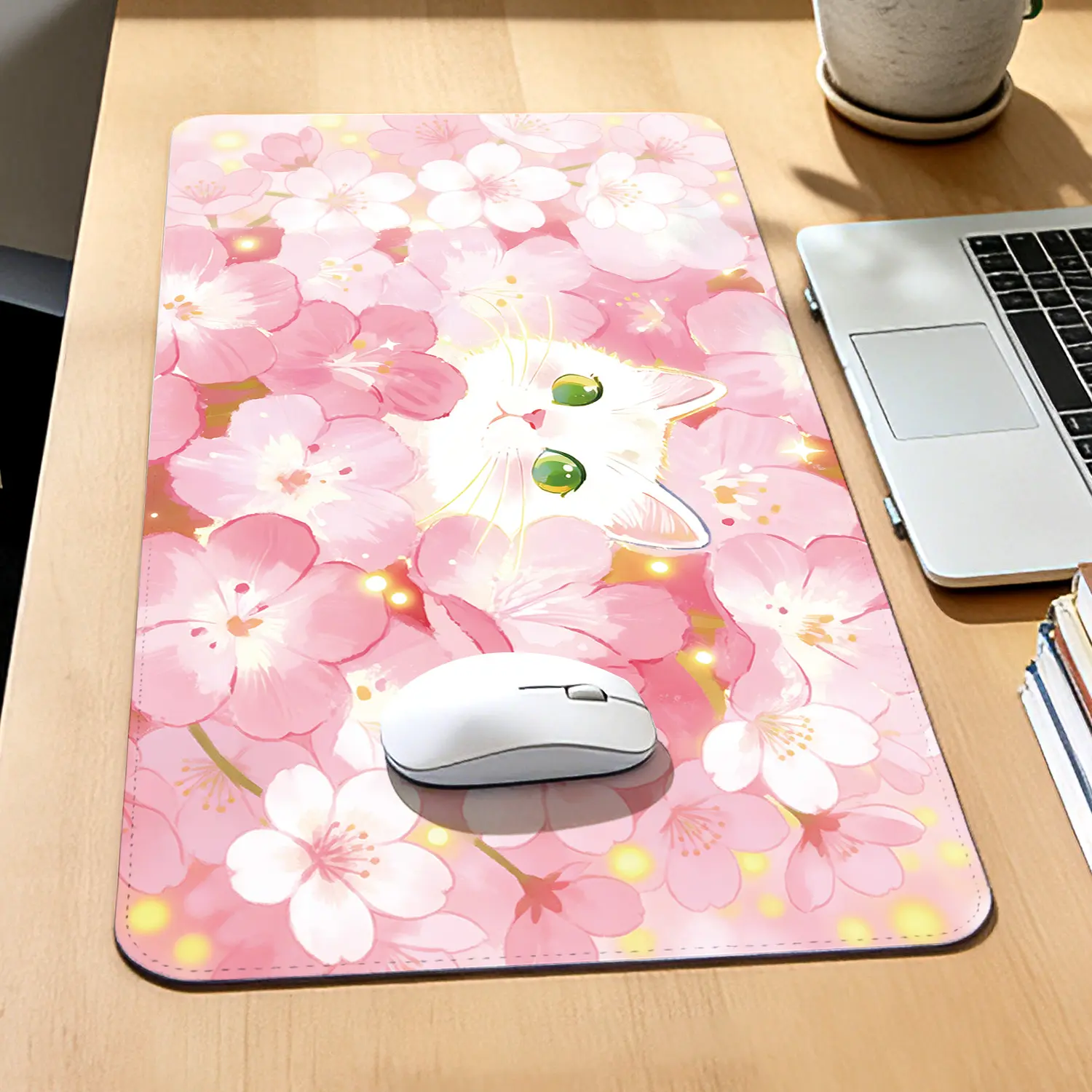 Premium White Cat Among Pink Cherry Blossoms Illustration High Quality Mouse PadModern Office Gaming Comfort ExperienceNon?Slip Durable For Daily Work And Play 40*80cm 40*90cm30*70cm