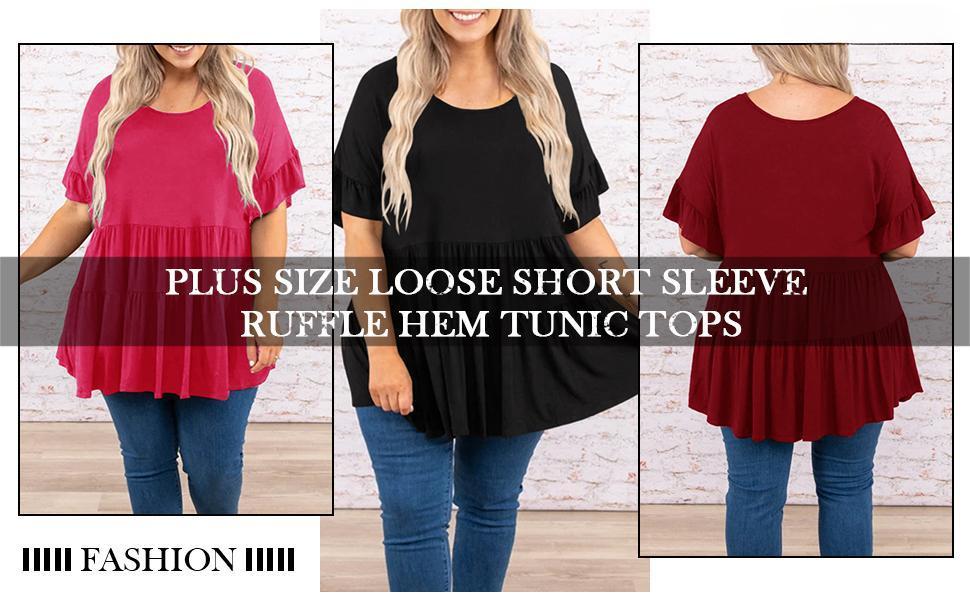【1XL-5XL】Imily Bela Curve Women's Plus Size Ruffle Tunic Tops Summer Short Sleeve Loose T-Shirt Blouses