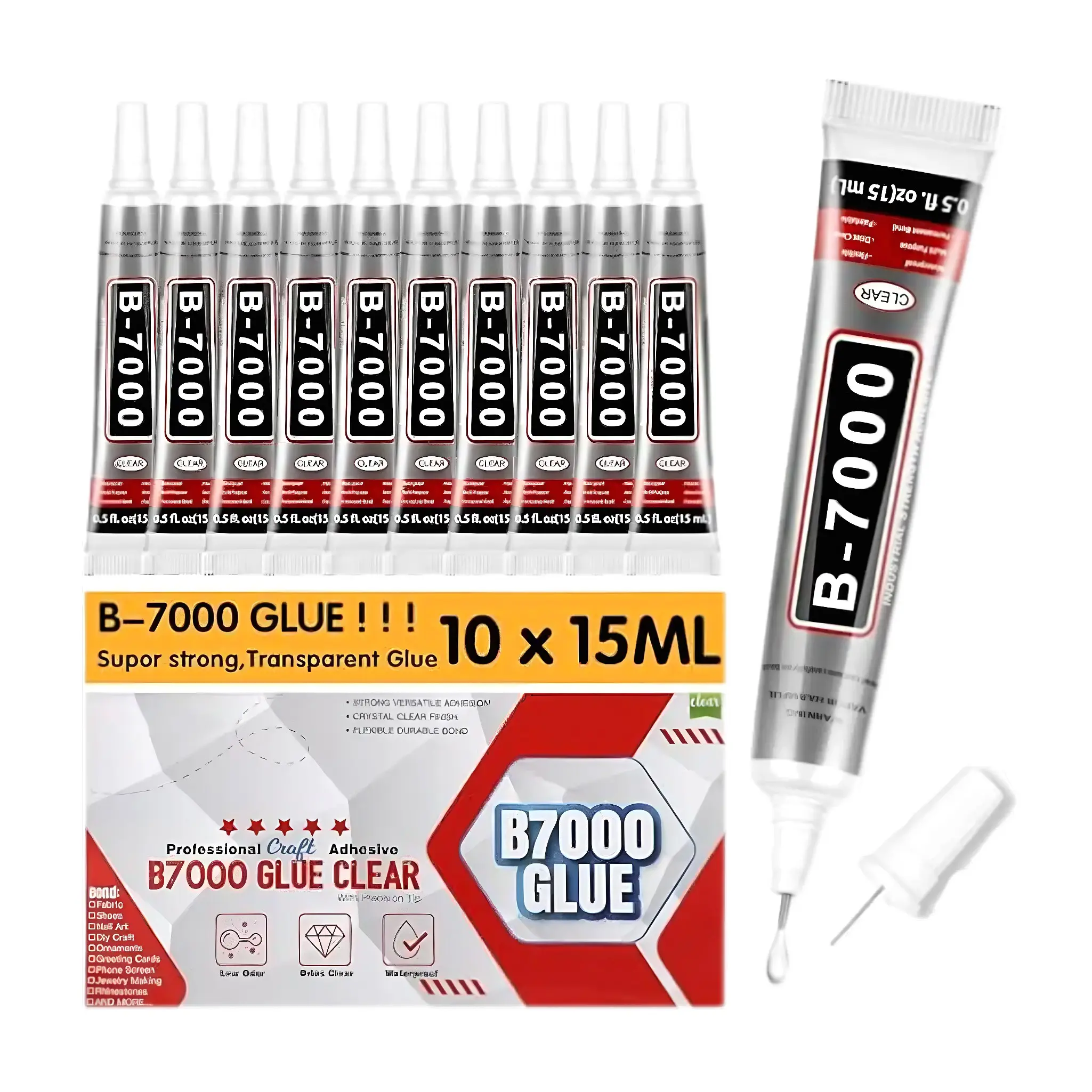 B7000 Rhinestone Glue Clear 10 PCS 15ml – Strong Transparent No Trace Jewelry Glue with Precision Tip, Quick Dry Multi-Purpose Adhesive for Making Nail Makeup Fabric Shoes Craft Phone Repair