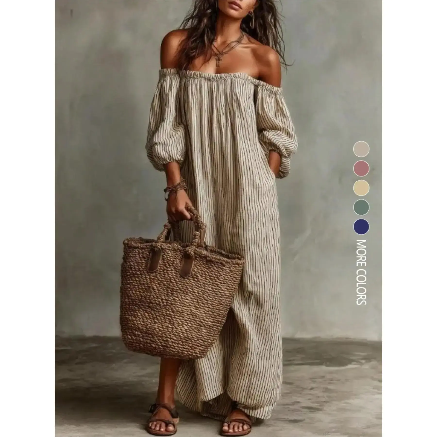 Summer New Elegant Chic Casual Wear Loose Off-Shoulder Striped Dress