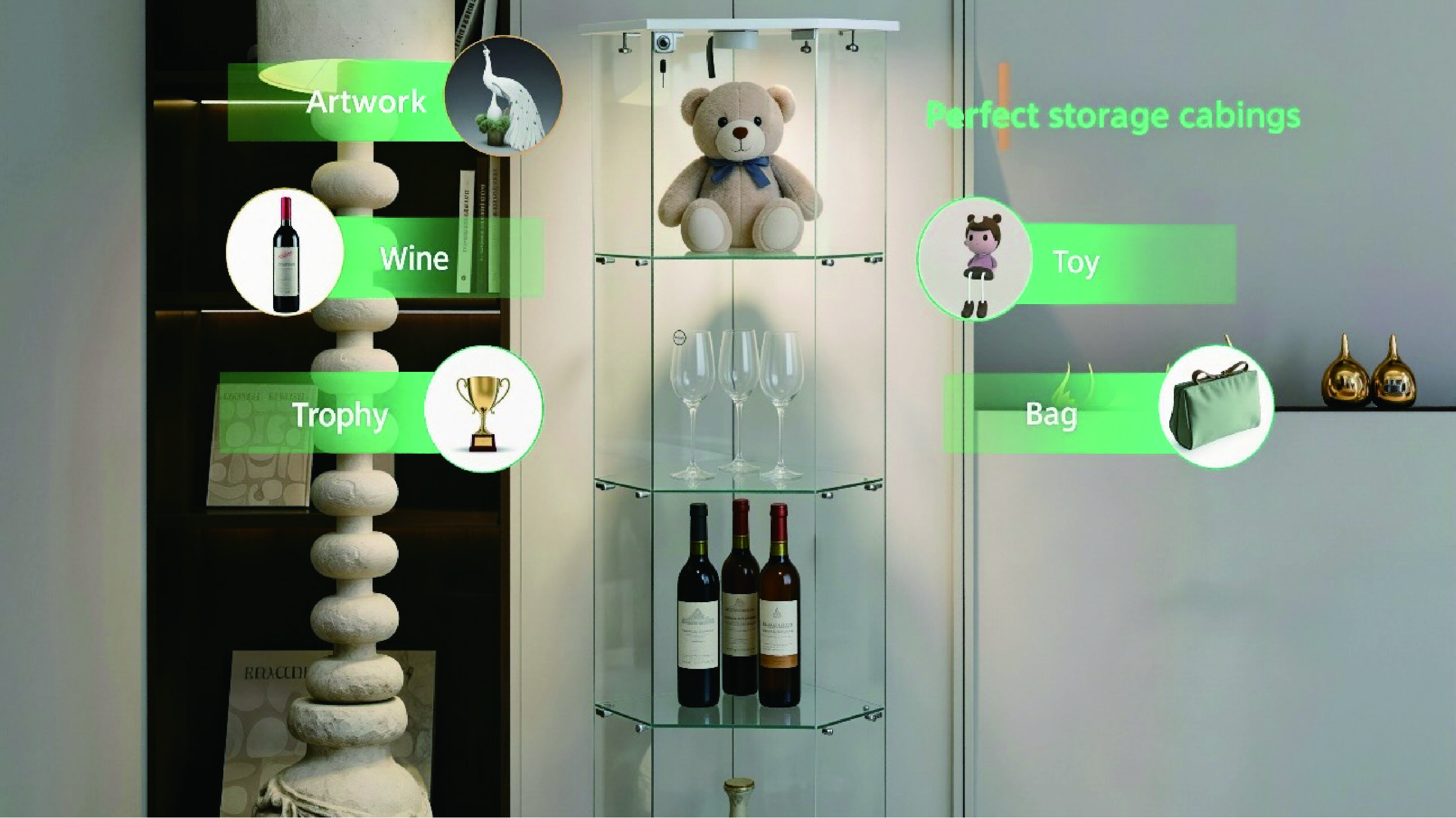 ARCH Tempered glass five-sided display cabinet,corner cabinet,liquor cabinet,with running lights,with locks,bottom equipped Adjustable foot,for various floors,living room,corridor,office, white