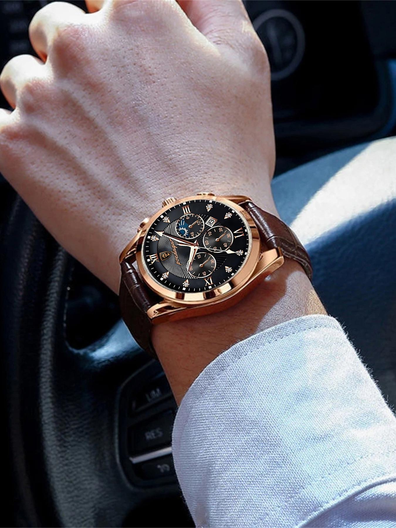 Classic Leather Men's Watch, Business Fashion Watches, Strap, Luminous Analog Watch, Luminous Hands, Calendar Function, Stainless Steel Case, Quartz Movement, Business Style Gift, Quartz Analog Wristwatch detail 7