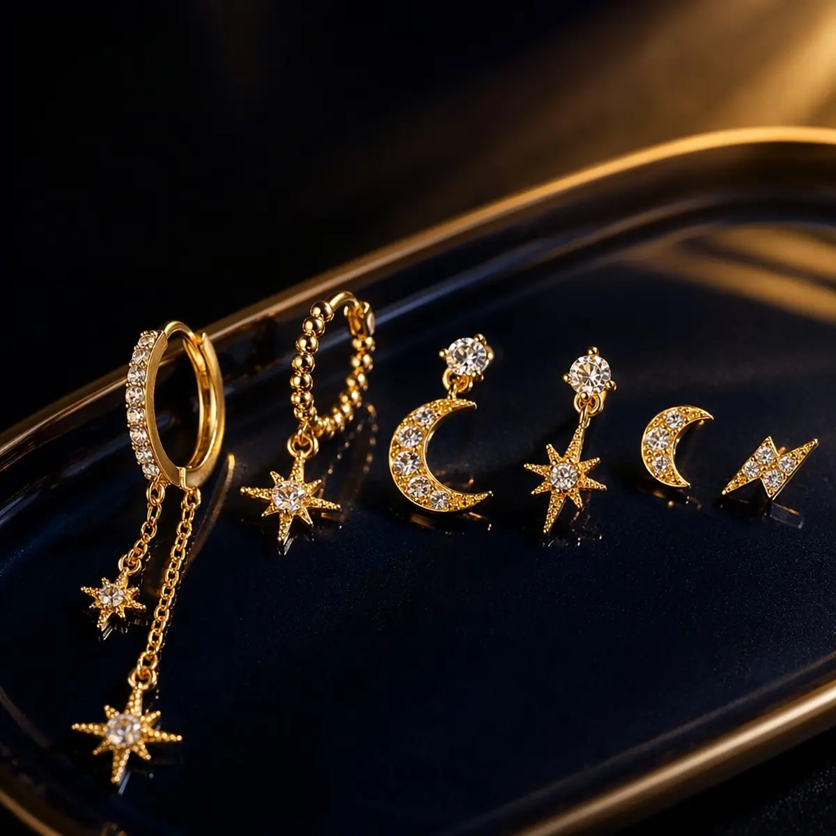 Celestial Star & Moon Earring Set 6Pcs for Women, 14K Gold Plated Dainty Stackable Hoop & Drop Stud Earrings, Sparkling Cubic Zirconia Multi Piercing Jewelry, Lightweight Mix Match Ear Accessories, Perfect Gift for Her Daily Wear Party Festival Occasions