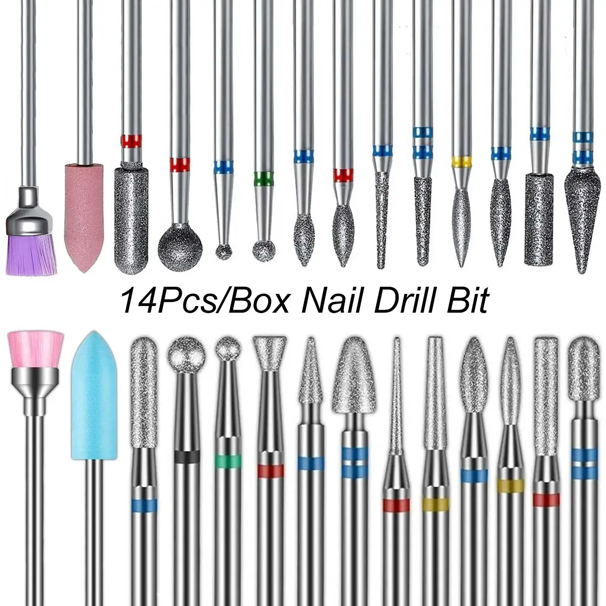 14Pcs/Box Professional Diamond Nail Drill Bit Set Electric Milling Cutters For Manicure Rotary Burr Cuticle Clean Manicure Drill Accessories Tools DIY Manicure Manicure Nail Care