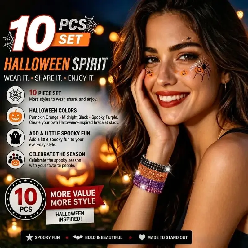 10Pcs Halloween Theme Bracelets Set for Women, Bohemian Orange, Purple & Black Rhinestone Stretch Multi-layer Bracelets, Sparkly Stackable Shiny Tennis Bracelets, Party Cosplay Costume Jewelry Gift