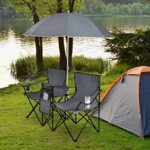Folding Double Picnic Chair with Umbrella Table and Cooler Bag, Portable 2 Person Camping Chair, Outdoor Beach Chair for Patio Garden Park Travel, Turquoise Black Red Gray Multiple Colors