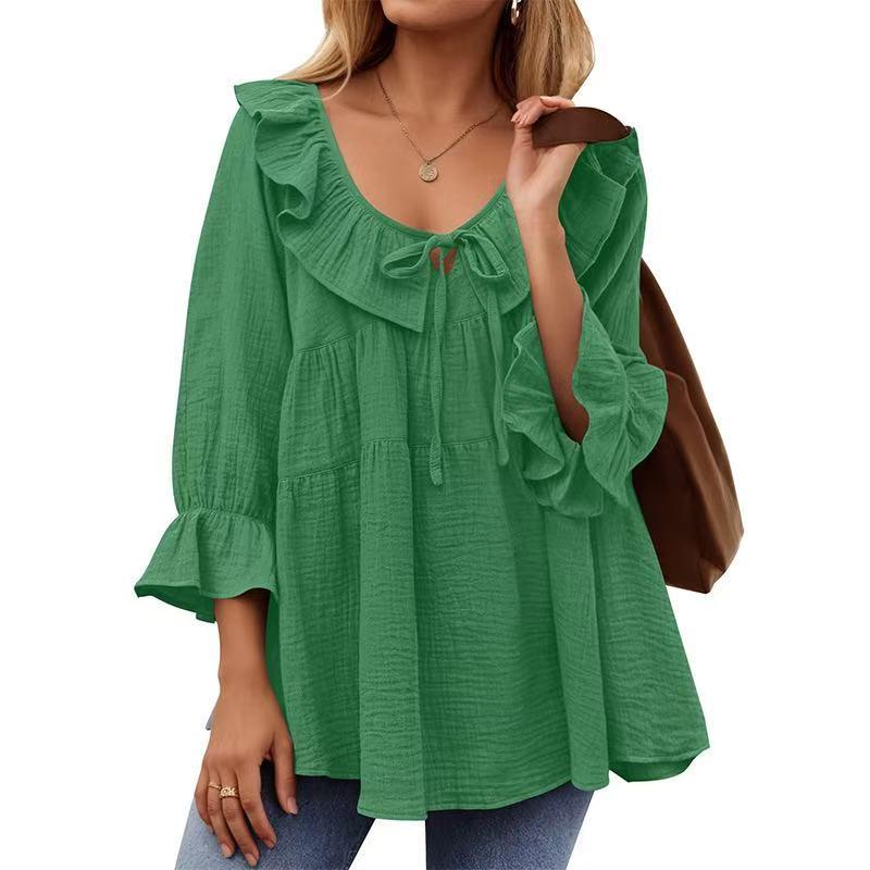 Women'S Plus Size Elegant Blouse with Ruffle Trim, Tie Front, and Bow Detail - Loose Fit, Long Sleeve, Solid Color, Polyester,  Fabric Shirts