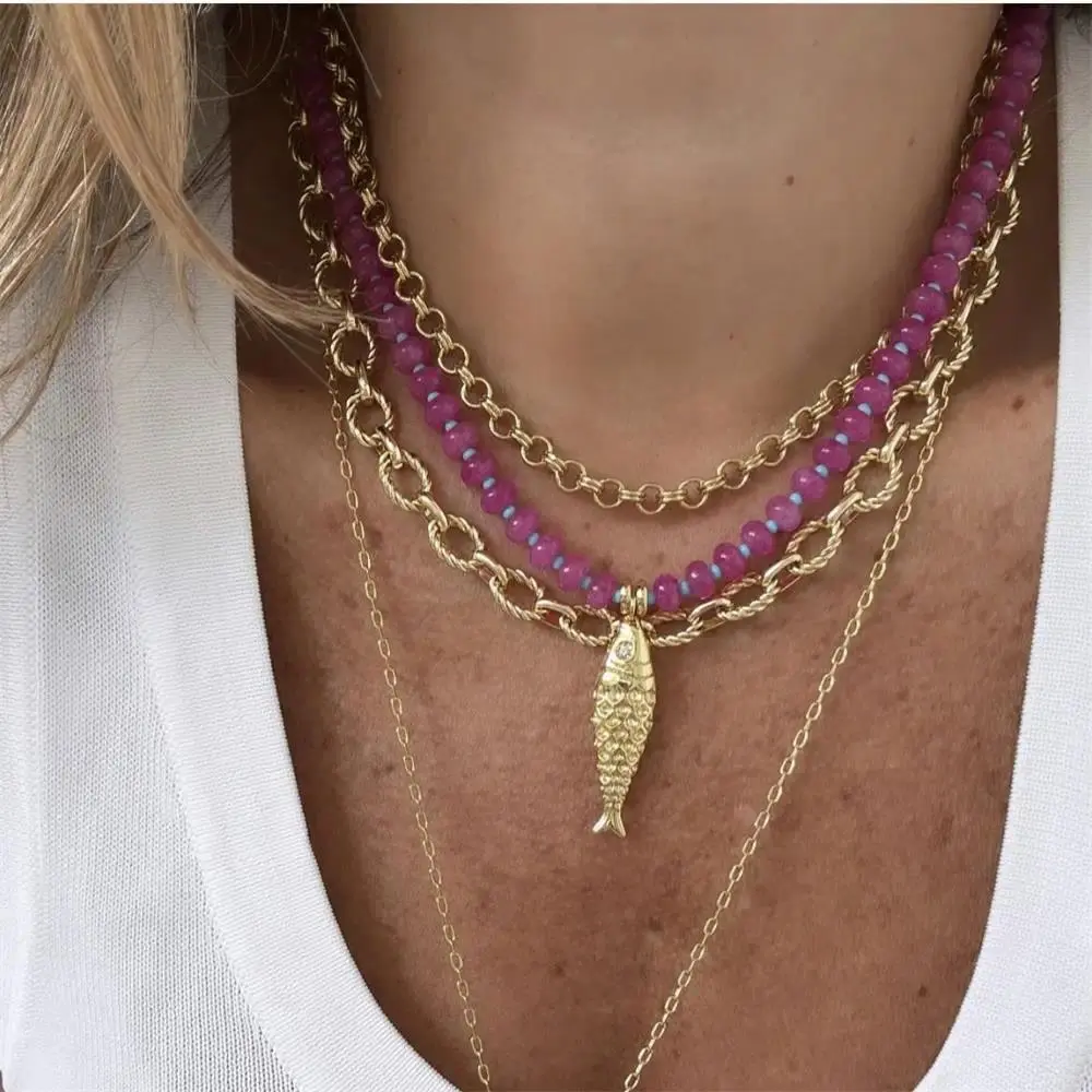 Trendy 4 Designs Stainless Steel Gold Plated Fish Turtle Pendant Stone Necklace for Women Waterproof Beach Party Jewelry Summer