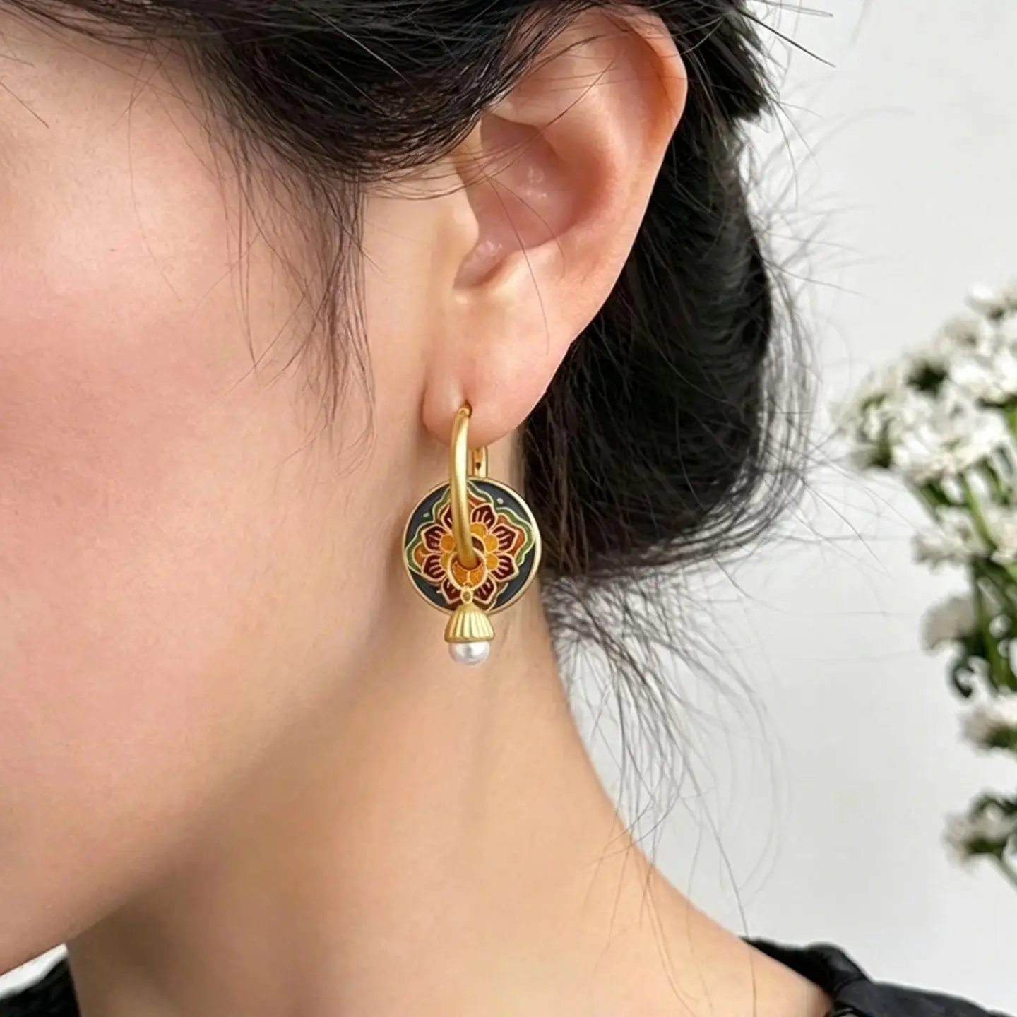 New Chinese China-Chic Dropped Glaze Earrings for Women Luxury Retro Palace Style Earrings Advanced Colorful Enamel Sand Gold Ea