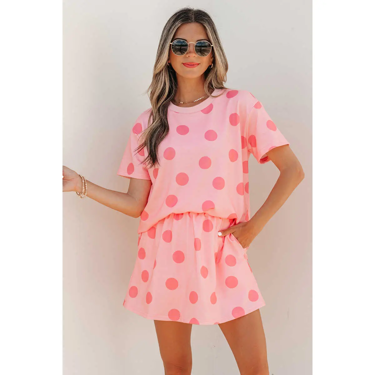 Women's 2-Piece White Polka Dot Short-Sleeve Tee & Casual Hip Skort Outfit with Pocket, Summer Sports Clothing Set for Women's Clothes & 2 Piece Sets