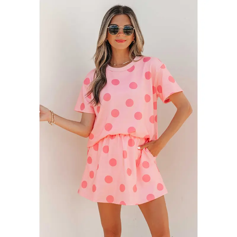 Women's Soft Retro Print 2-Piece Sports Outfit Set - Loose Polyester Polka Dot Short-Sleeve T-Shirt, High-Waist Skirt with Pocket, Back to School Sportswear for Women's Matching Sets
