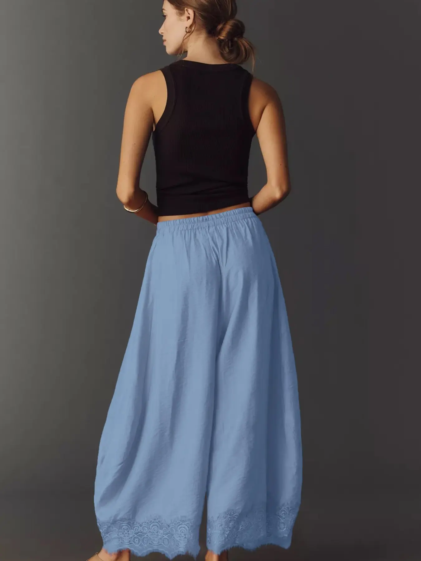 Elegant Lace Loose Wide Leg Pants for Women, Tk Lady Knife Pants, Elastic Waist, Hemmed Design, Slimming Effect, Long Trousers Bottoms