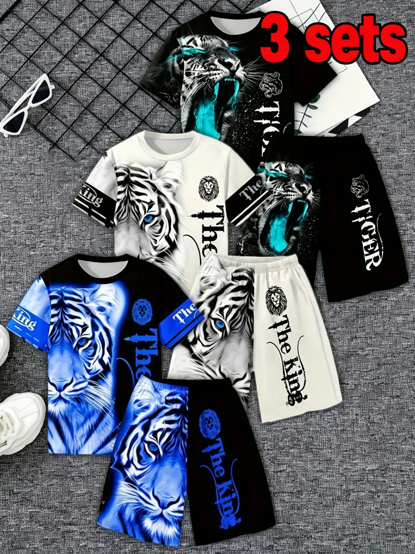 Boys' 3-Piece Street Style Set, T-Shirt + Shorts, Summer Cool Fashion, 5 Floral Patterns Available, Casual All-Season