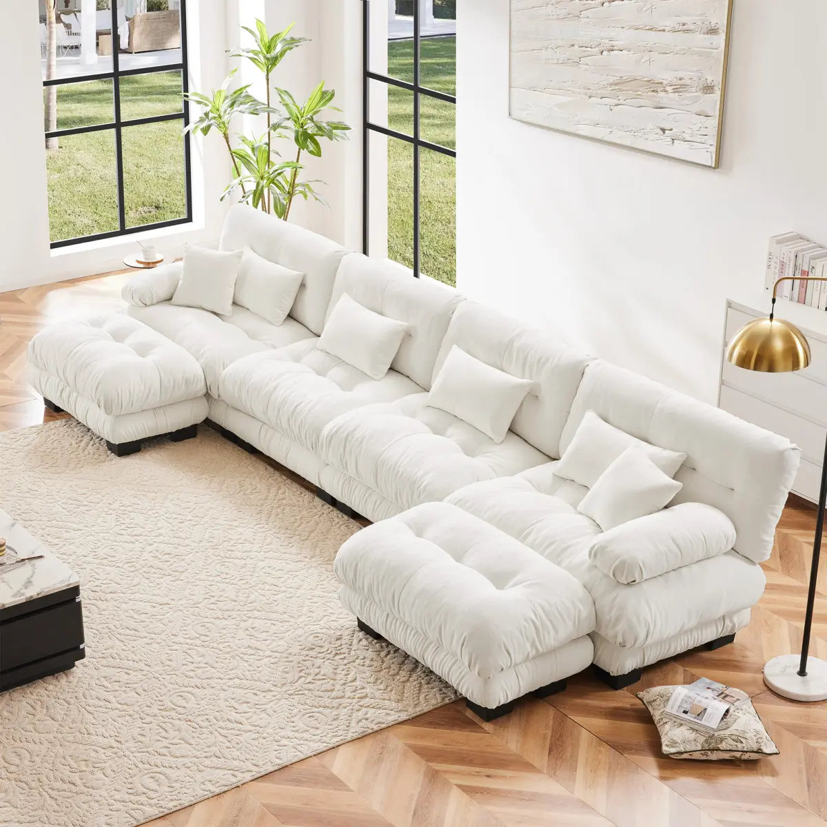 AobtkelCloud Couch 2 Seater Sofa for Living Room, Chenille 2 - Seat sofa with 2 Lumbar pillows and 2 throw pillows,Chenille Light coffee