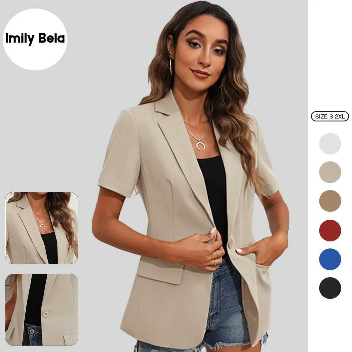 Imily Bela Women's Short Sleeve Casual Blazer Lapel Open Front Work Office Jacket Imily Bela Women's Short Sleeve Casual Blazer Lapel Open Front Work Office Jacket