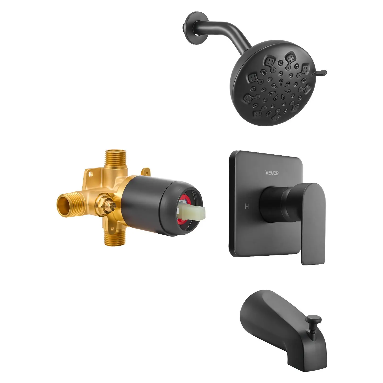 VEVOR Single-Handle Tub and Shower Faucet Set, 5-Inch Rainfall Shower Head, Bathtub Spout, Complete Trim Kit with Brass Pressure Balancing Valve, 8-Setting Adjustable Spray, Solid Matte Black