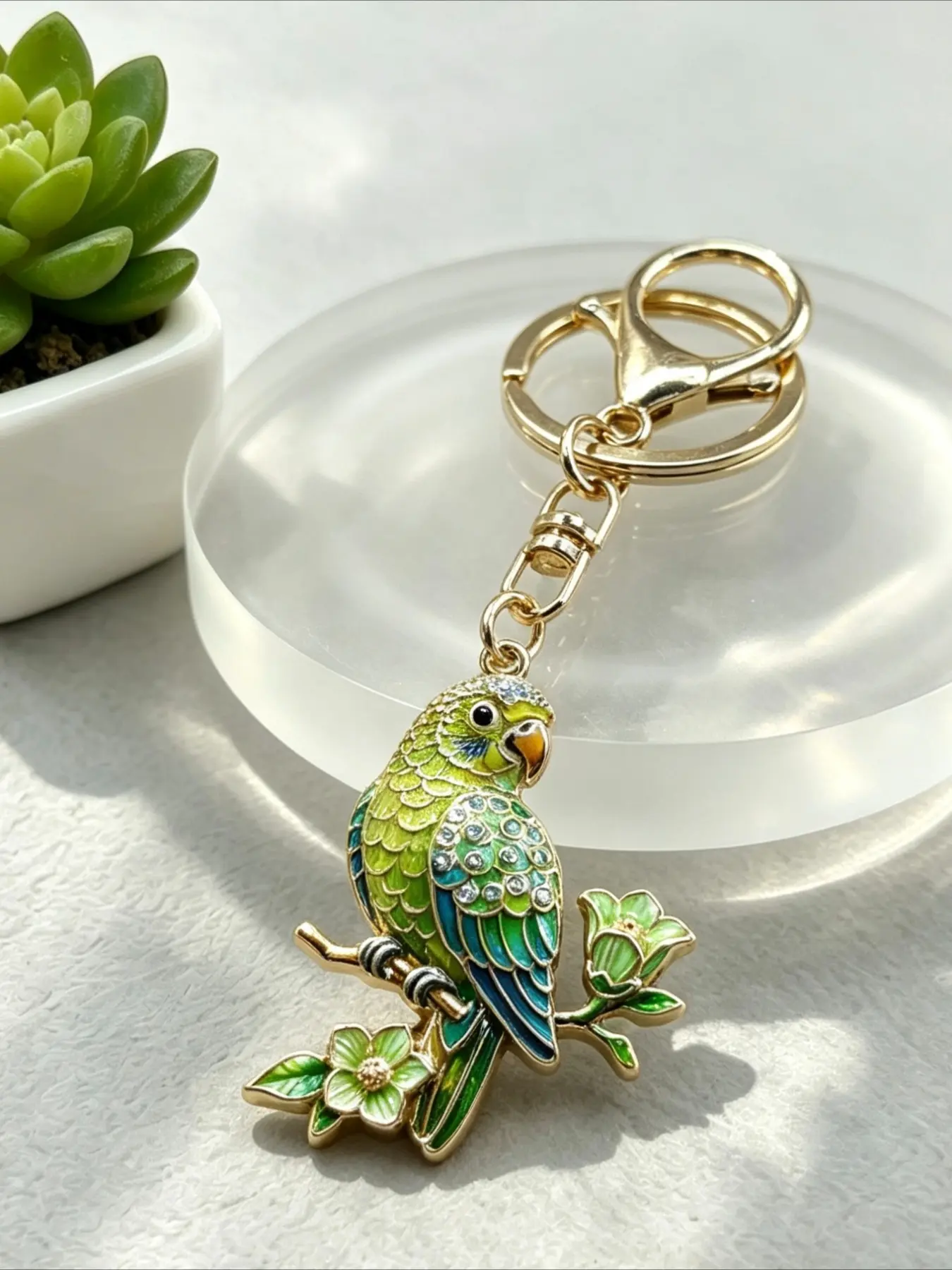 Rhinestone Green Parrot Flower Keychain, Tropical Bird Floral Key Ring, Bag Charms Pendant for Car Backpack Purse Decor, Jewelry Gift