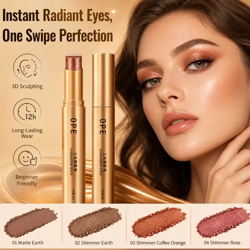 3 Tone Earth Tone Gradient Eyeshadow Stick Matte Shimmer Segmented Makeup Stick For Beginners Create Natural Nude & Light Smoky Daily Eye Look